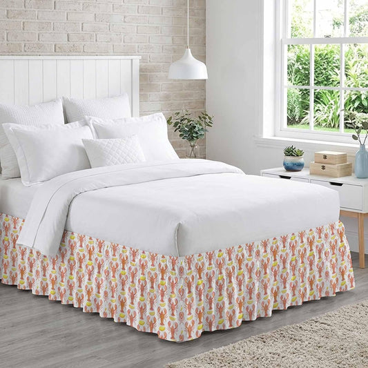 Ocean Orange Lobster Bed Skirt Queen Size 16" Drop Summer Nautical Sea Watercolor Yellow Lemon Ruffled Wrap Around Bed Skirts Adjustable Elastic Bedskirt Dust Ruffle for Queen King California King Bed