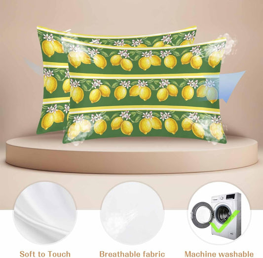 Lemon Summer Pillow Cases Standard Size Set of 2, Watercolor Fruits Green Yellow Stripes Satin Pillowcase with Zipper for Hair/Skin, Decorative Pillow Covers for Bed/Couch/Sofa, 20x26 Inches
