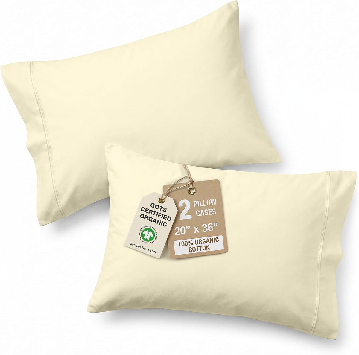 100% Organic Cotton King Size Pillow Cases Set of 2 (20''x36'') Pure Organic Cotton Pillowcases Light Yellow