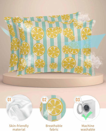 Satin Pillowcase for Hair and Skin, Yellow Lemon Teal Stripes Linen Background Silky Pillow Cases Standard Size with Zipper 2 Pack Soft Cooling Pillow Cover for Women Men, 20''x26''