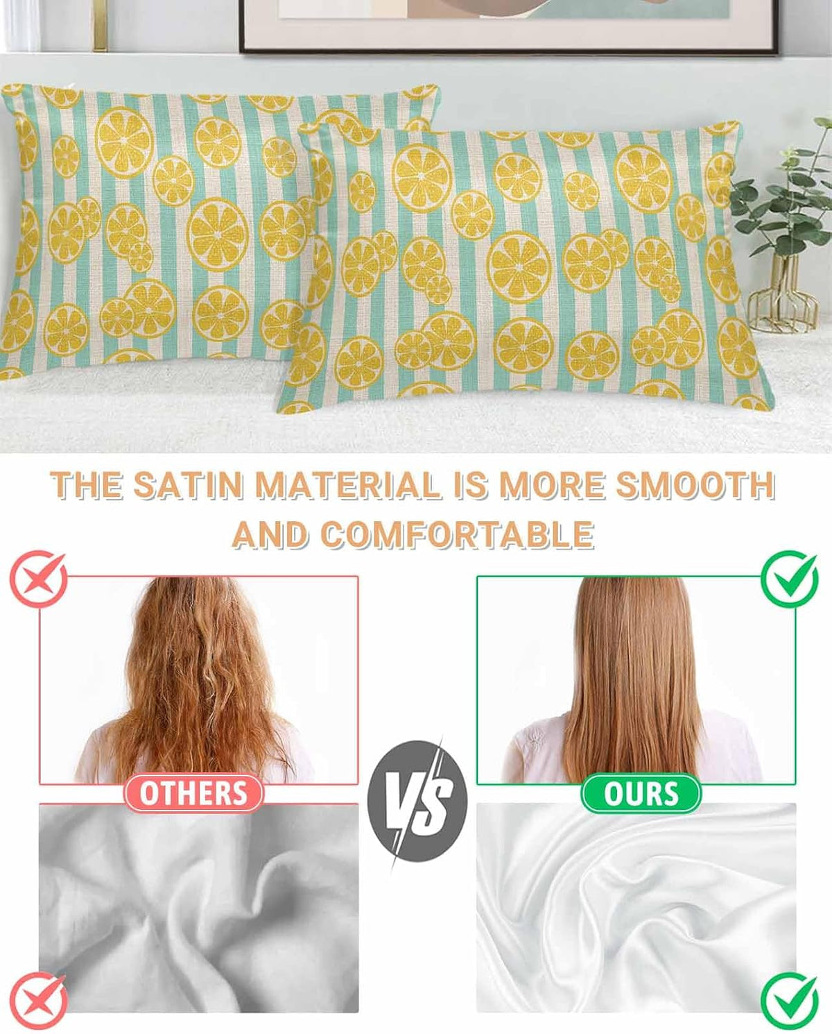 Satin Pillowcase for Hair and Skin, Yellow Lemon Teal Stripes Linen Background Silky Pillow Cases Standard Size with Zipper 2 Pack Soft Cooling Pillow Cover for Women Men, 20''x26''