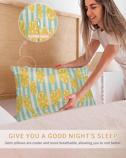 Satin Pillowcase for Hair and Skin, Yellow Lemon Teal Stripes Linen Background Silky Pillow Cases Standard Size with Zipper 2 Pack Soft Cooling Pillow Cover for Women Men, 20''x26''