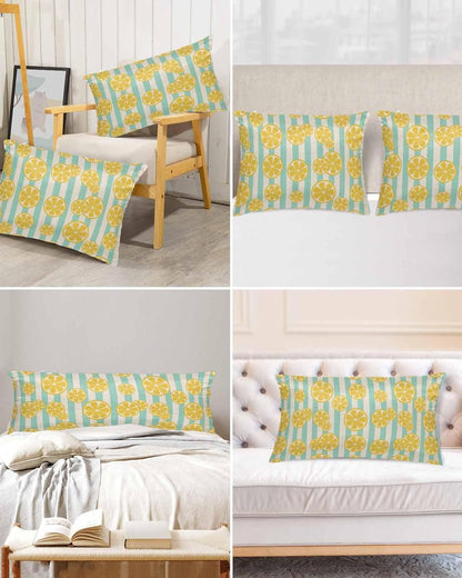 Satin Pillowcase for Hair and Skin, Yellow Lemon Teal Stripes Linen Background Silky Pillow Cases Standard Size with Zipper 2 Pack Soft Cooling Pillow Cover for Women Men, 20''x26''