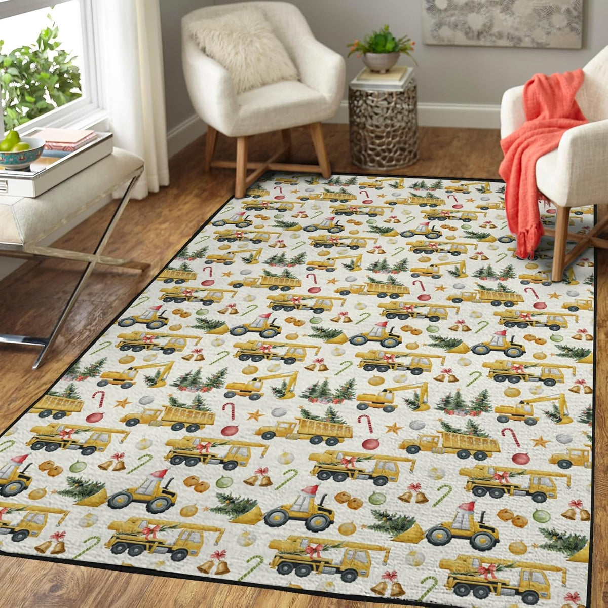 Christmas Construction Trucks Throw Carpets Excavator Tractor Trucks Christmas Trees Area Rugs Winter Floor Mats for Kids Nursery Bedroom Living Room Bathroom Kitchen Home Decor Yellow 20x32inch