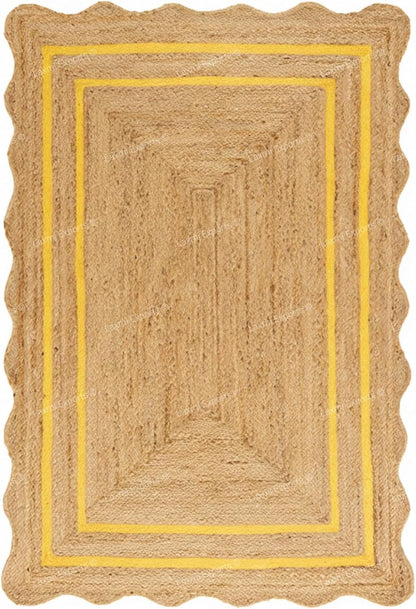 Natural Jute Wave Scalloped Area Rug 2x12 Ft - Yellow Runner Stripe Rugs for Home & Kitchen, Handmade Carpet, Natural Jute Hallway Large Rectangular Area Rug