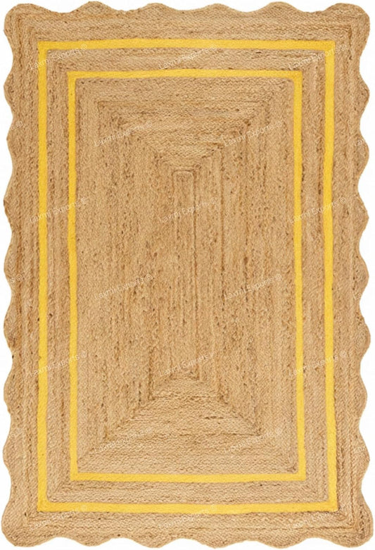Natural Jute Wave Scalloped Area Rug 2x12 Ft - Yellow Runner Stripe Rugs for Home & Kitchen, Handmade Carpet, Natural Jute Hallway Large Rectangular Area Rug