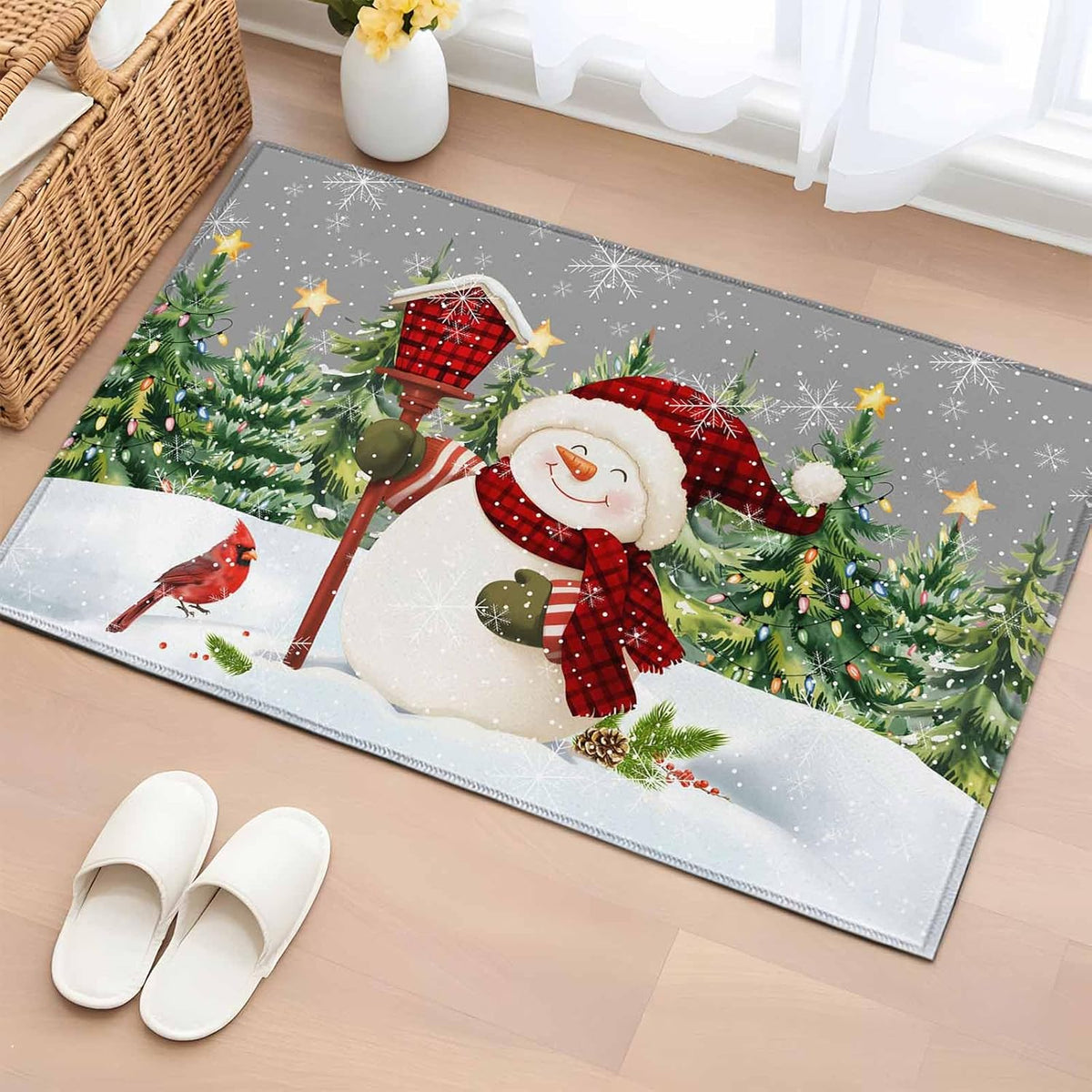 Rectangle Area Rug 2x3ft, Xmas Snowman Pine Tree on Gray Non-Shedding Washable Area Rug, Winter Snowflake Yellow Star Non Slip Low-Profile Rugs for Living Room, Bedroom Dining Room