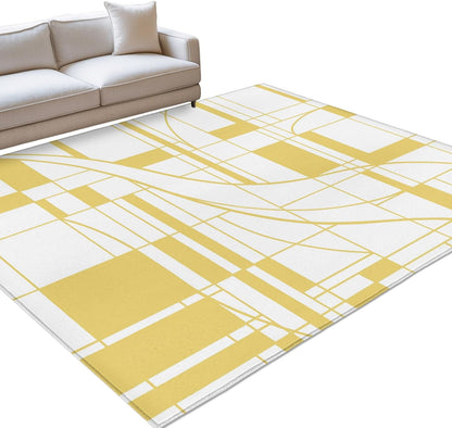 Abstract Modern Yellow Geometric Art Area Rug 4x6,Minimalist Stripe Square Non Slip Round Rugs for Living Room,Soft Floor Mat Washable Low Pile Carpet for Bedroom Dining Room Entryway