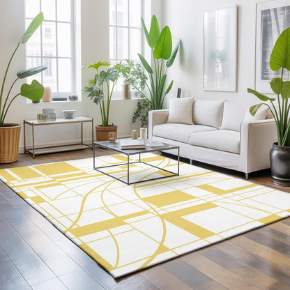 Abstract Modern Yellow Geometric Art Area Rug 4x6,Minimalist Stripe Square Non Slip Round Rugs for Living Room,Soft Floor Mat Washable Low Pile Carpet for Bedroom Dining Room Entryway