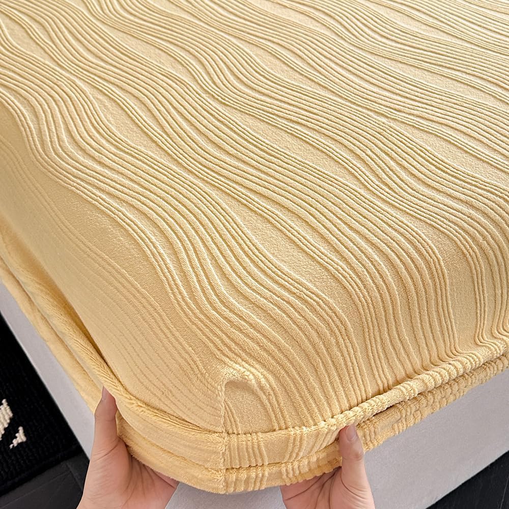 Velvet Fitted Sheet King Size - Soft Bed Sheet with Luxurious Water Wave Pattern, Elastic Deep Pocket Mattress Cover 15" for a Secure Fit, No Pillowcases, Light Yellow