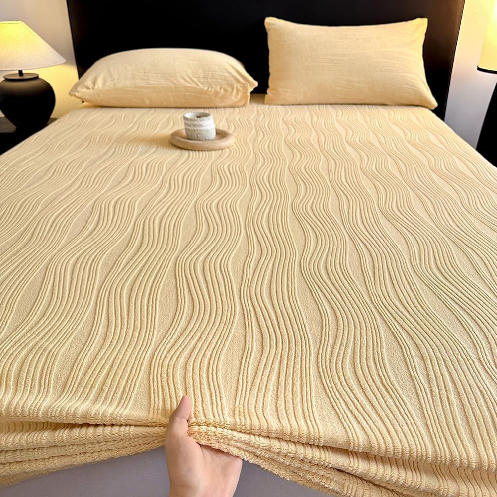 Velvet Fitted Sheet King Size - Soft Bed Sheet with Luxurious Water Wave Pattern, Elastic Deep Pocket Mattress Cover 15" for a Secure Fit, No Pillowcases, Light Yellow