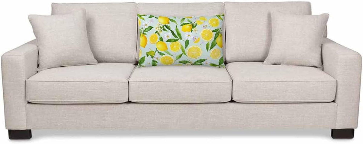 Throw Pillow Cover Lemon Summer Lemon Fruits Tree Branches Leaves White Little Flower Yellow Green Decor Lumbar Pillow Case Cushion for Sofa Couch Bed Standard Queen Size 20x30 Inch