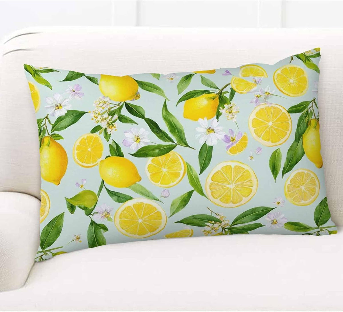 Throw Pillow Cover Lemon Summer Lemon Fruits Tree Branches Leaves White Little Flower Yellow Green Decor Lumbar Pillow Case Cushion for Sofa Couch Bed Standard Queen Size 20x30 Inch