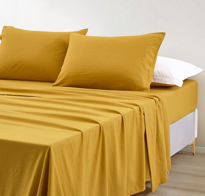 Soft Washed Queen Bed Sheet Set - 4-Piece Brushed Microfiber Wrinkle & Fade Resistant 14-Inches Deep Pocket Sheets & Pillowcases Set - Queen, Mustard Yellow