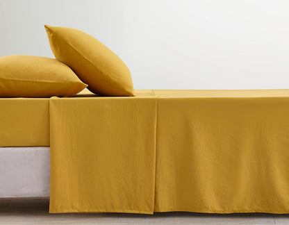 Soft Washed Queen Bed Sheet Set - 4-Piece Brushed Microfiber Wrinkle & Fade Resistant 14-Inches Deep Pocket Sheets & Pillowcases Set - Queen, Mustard Yellow