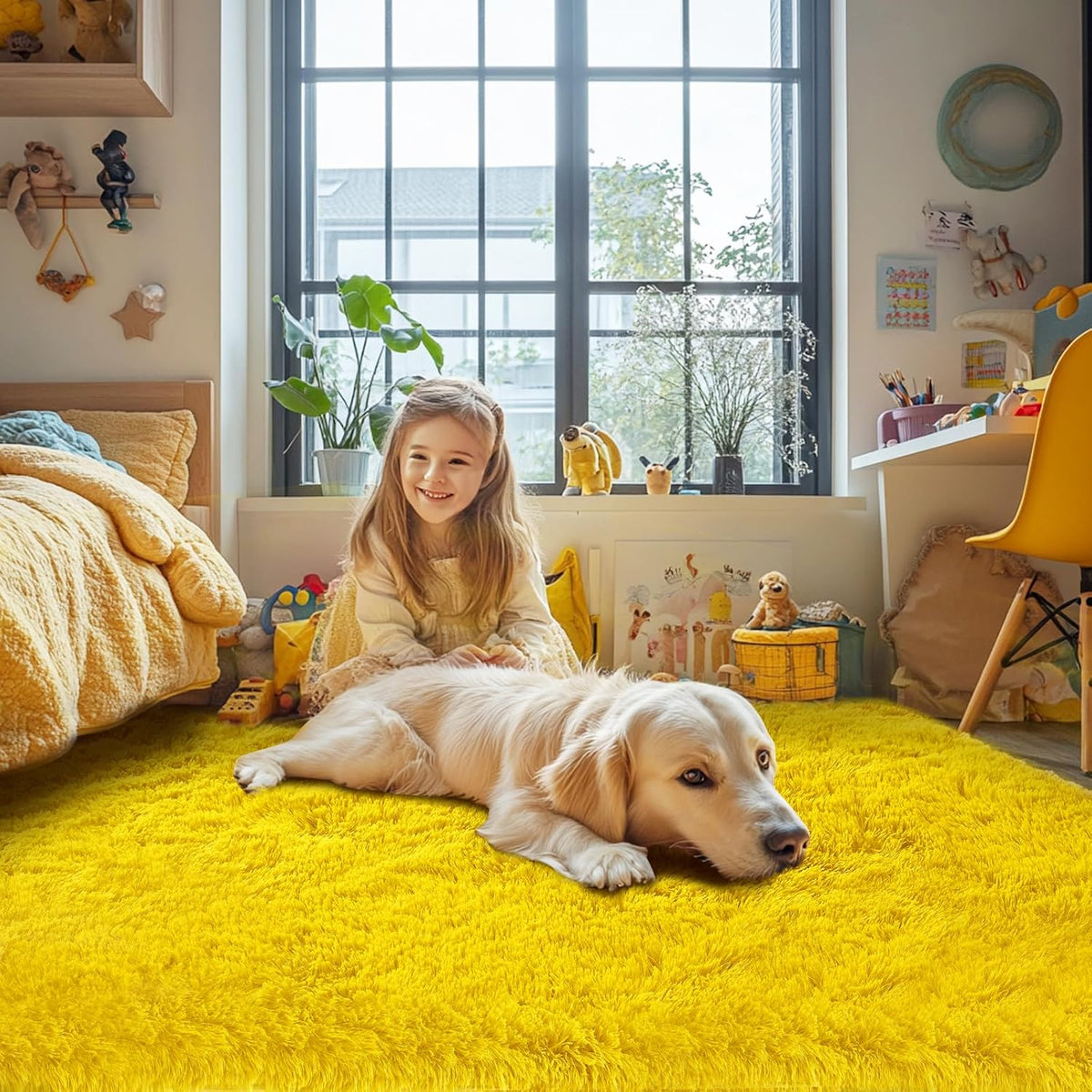 Fluffy Yellow Rug for Living Room 5x8 - Soft Non-Slip Kids Carpet