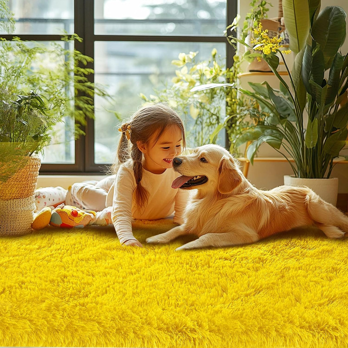 Fluffy Yellow Rug for Living Room 5x8 - Soft Non-Slip Kids Carpet