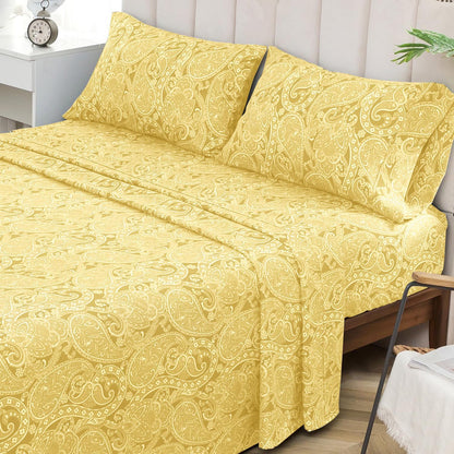 Queen Sheet Set, 4 Piece Yellow Paisley Sheets, 17" Deep Pocket Floral Pattern Sheets Queen, Soft Luxury Brushed Microfiber Bed Sheets, Easy Care Breathable Bedding Set