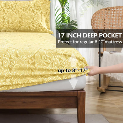 Queen Sheet Set, 4 Piece Yellow Paisley Sheets, 17" Deep Pocket Floral Pattern Sheets Queen, Soft Luxury Brushed Microfiber Bed Sheets, Easy Care Breathable Bedding Set