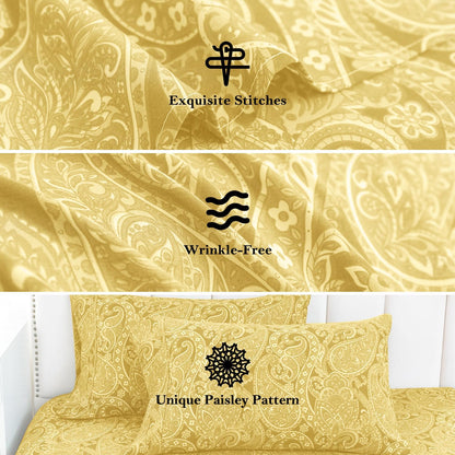 Queen Sheet Set, 4 Piece Yellow Paisley Sheets, 17" Deep Pocket Floral Pattern Sheets Queen, Soft Luxury Brushed Microfiber Bed Sheets, Easy Care Breathable Bedding Set