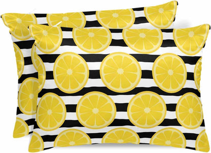 Yellow Lemon Pillow Cases Standard Size Set of 2, Satin Pillowcase for Hair and Skin, Summer Botanical Fruits Black White Stripes Throw Pillow Covers Cooling Pillow Protector with Zipper 20"x26"x2