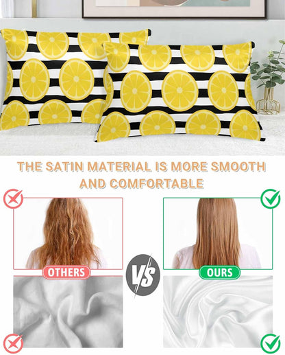 Yellow Lemon Pillow Cases Standard Size Set of 2, Satin Pillowcase for Hair and Skin, Summer Botanical Fruits Black White Stripes Throw Pillow Covers Cooling Pillow Protector with Zipper 20"x26"x2