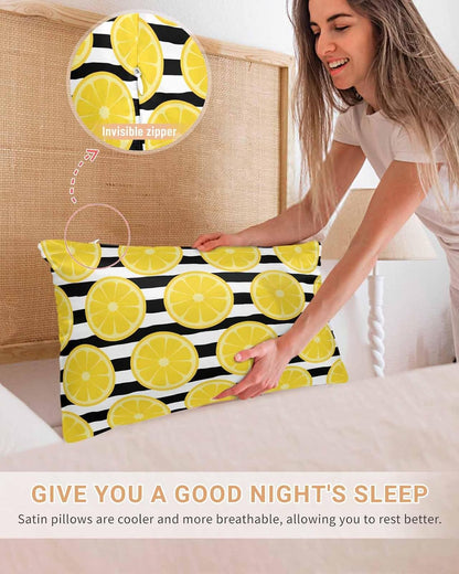 Yellow Lemon Pillow Cases Standard Size Set of 2, Satin Pillowcase for Hair and Skin, Summer Botanical Fruits Black White Stripes Throw Pillow Covers Cooling Pillow Protector with Zipper 20"x26"x2