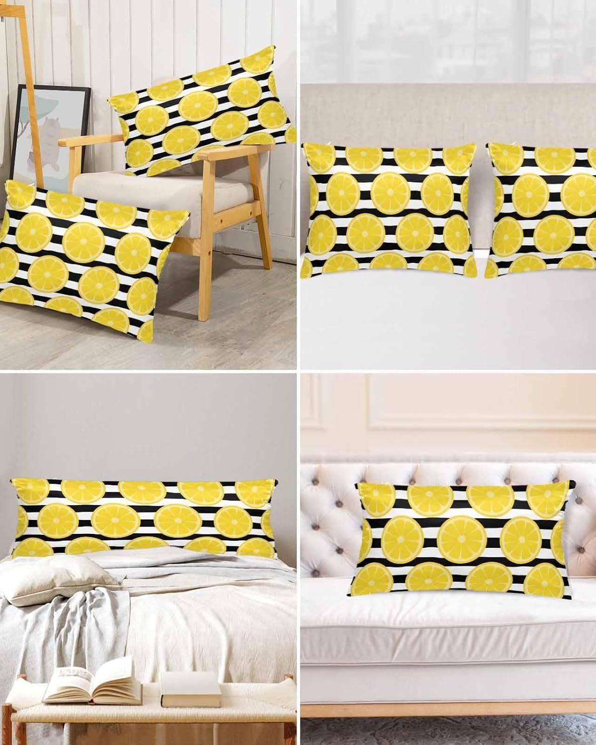 Yellow Lemon Pillow Cases Standard Size Set of 2, Satin Pillowcase for Hair and Skin, Summer Botanical Fruits Black White Stripes Throw Pillow Covers Cooling Pillow Protector with Zipper 20"x26"x2