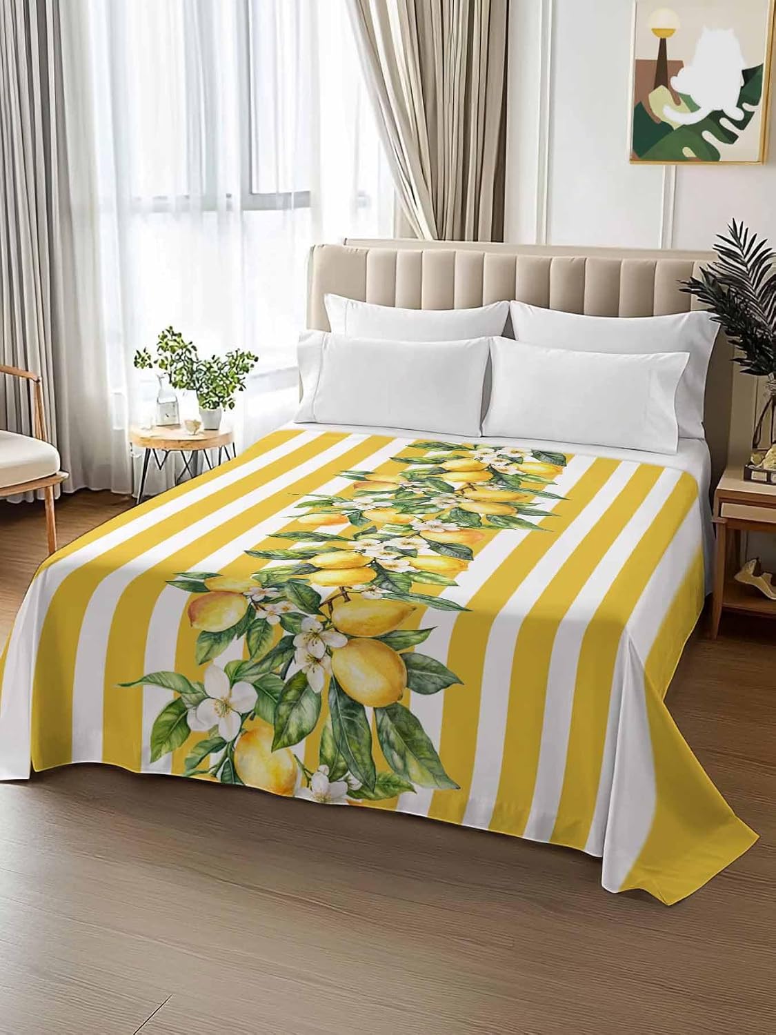 Twin Flat Sheet Only,Watercolor Summer Farm Lemon Leaves Top Sheet Breathable Soft Brushed Polyester Microfiber Bed Sheets,Yellow Stripe Hotel Luxury Bedding Sheets for Women,Men,Teens