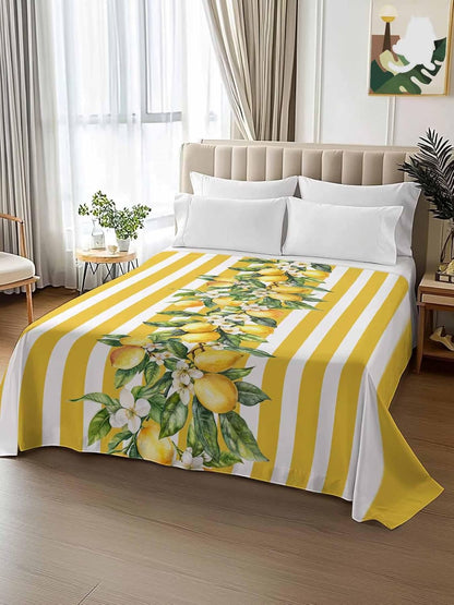Twin Flat Sheet Only,Watercolor Summer Farm Lemon Leaves Top Sheet Breathable Soft Brushed Polyester Microfiber Bed Sheets,Yellow Stripe Hotel Luxury Bedding Sheets for Women,Men,Teens