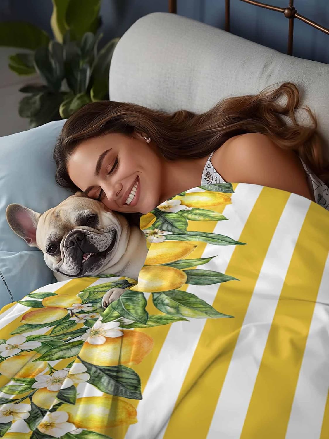 Twin Flat Sheet Only,Watercolor Summer Farm Lemon Leaves Top Sheet Breathable Soft Brushed Polyester Microfiber Bed Sheets,Yellow Stripe Hotel Luxury Bedding Sheets for Women,Men,Teens