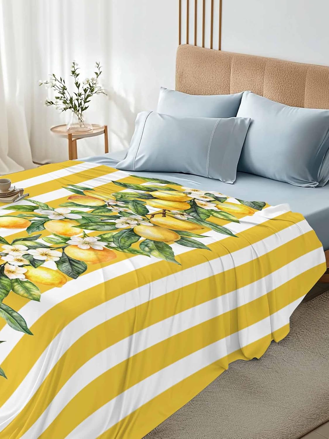 Twin Flat Sheet Only,Watercolor Summer Farm Lemon Leaves Top Sheet Breathable Soft Brushed Polyester Microfiber Bed Sheets,Yellow Stripe Hotel Luxury Bedding Sheets for Women,Men,Teens