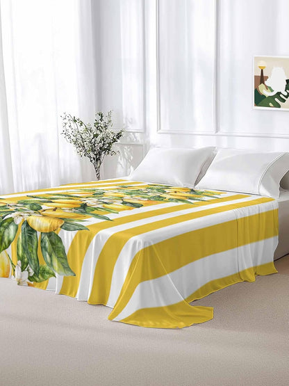 Twin Flat Sheet Only,Watercolor Summer Farm Lemon Leaves Top Sheet Breathable Soft Brushed Polyester Microfiber Bed Sheets,Yellow Stripe Hotel Luxury Bedding Sheets for Women,Men,Teens