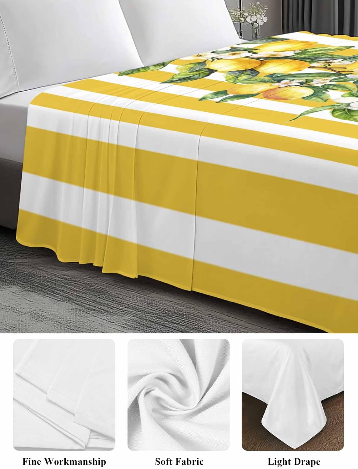 Twin Flat Sheet Only,Watercolor Summer Farm Lemon Leaves Top Sheet Breathable Soft Brushed Polyester Microfiber Bed Sheets,Yellow Stripe Hotel Luxury Bedding Sheets for Women,Men,Teens