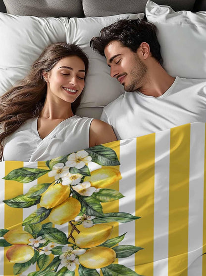 Twin Flat Sheet Only,Watercolor Summer Farm Lemon Leaves Top Sheet Breathable Soft Brushed Polyester Microfiber Bed Sheets,Yellow Stripe Hotel Luxury Bedding Sheets for Women,Men,Teens