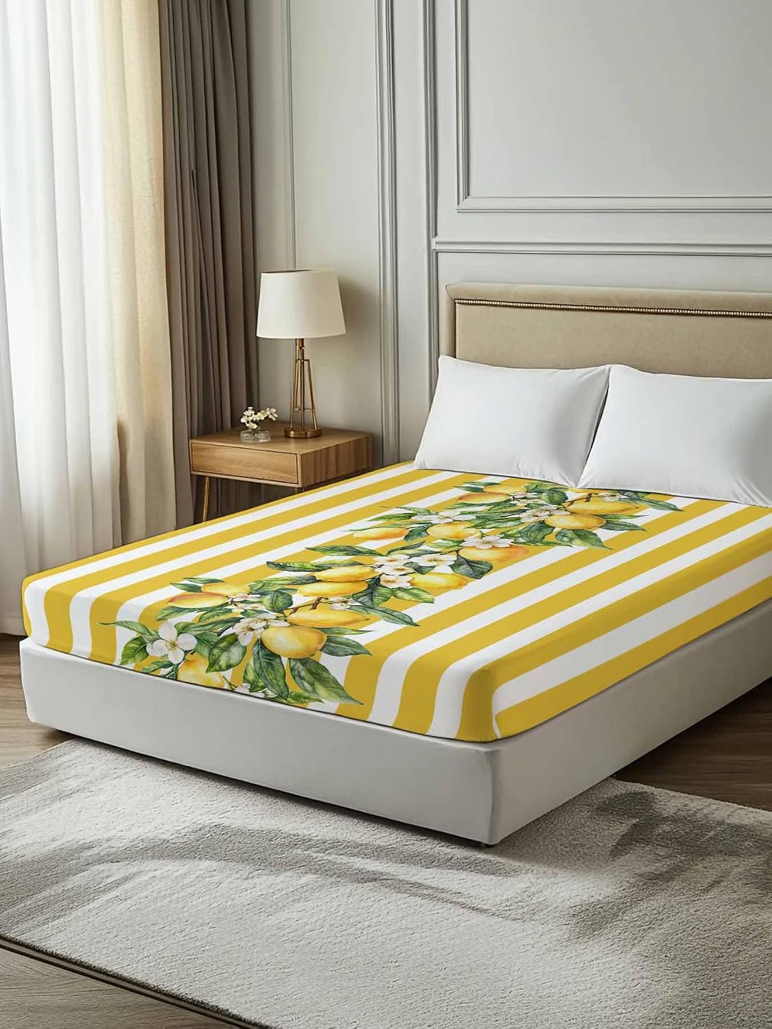 Twin Flat Sheet Only,Watercolor Summer Farm Lemon Leaves Top Sheet Breathable Soft Brushed Polyester Microfiber Bed Sheets,Yellow Stripe Hotel Luxury Bedding Sheets for Women,Men,Teens