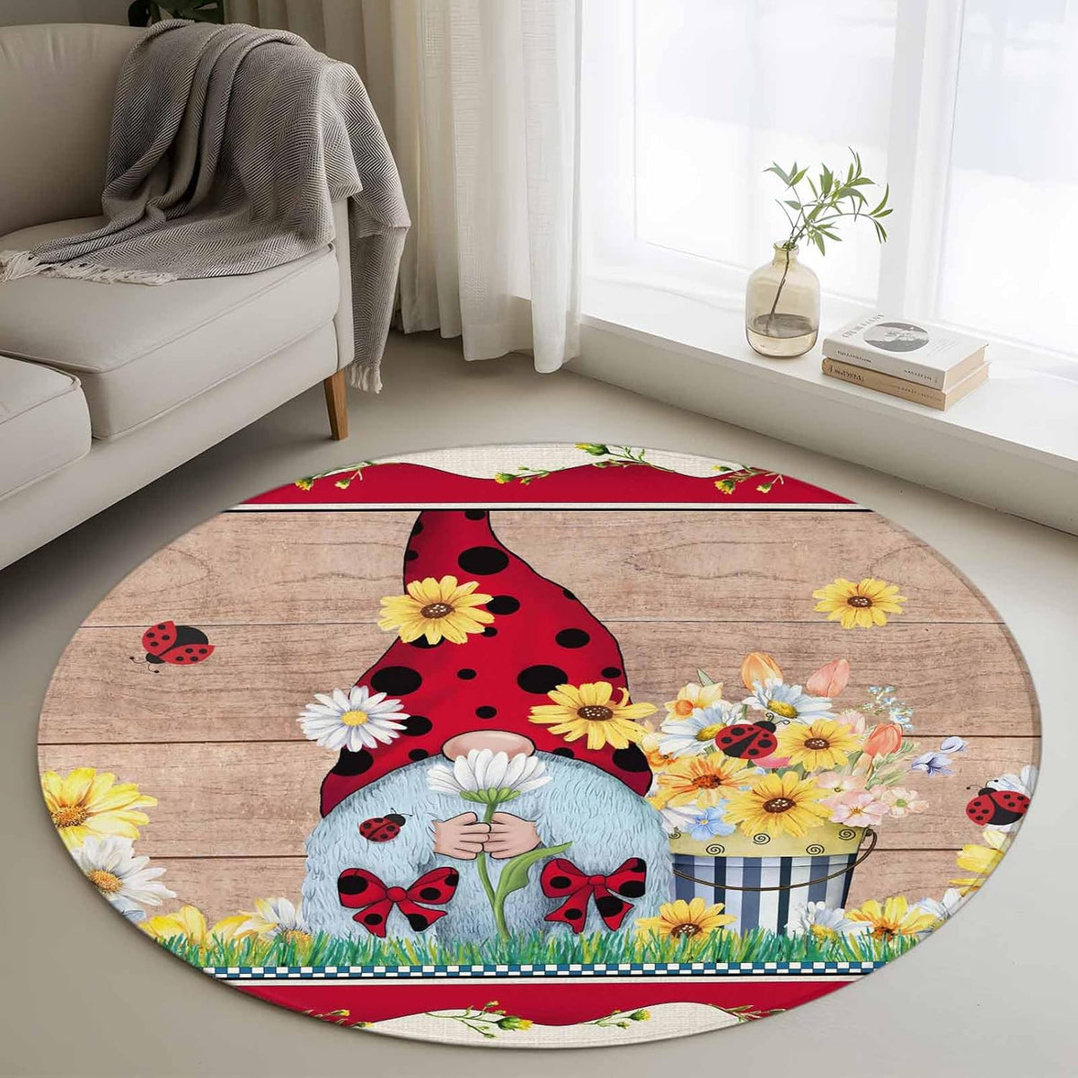 Ladybug Gnome Round Rug 3.3 Ft, Country Summer Rustic White Yellow Daisy Floral Wood Grain Samll Area Rugs Washable Non Slip Indoor Floor Mats Circle Carpet for Living Room Bedroom Dining Room Home