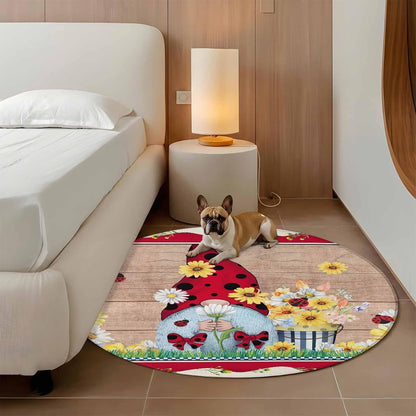 Ladybug Gnome Round Rug 3.3 Ft, Country Summer Rustic White Yellow Daisy Floral Wood Grain Samll Area Rugs Washable Non Slip Indoor Floor Mats Circle Carpet for Living Room Bedroom Dining Room Home