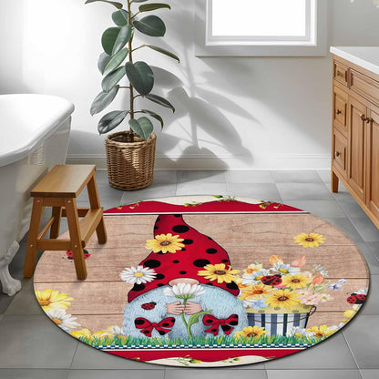 Ladybug Gnome Round Rug 3.3 Ft, Country Summer Rustic White Yellow Daisy Floral Wood Grain Samll Area Rugs Washable Non Slip Indoor Floor Mats Circle Carpet for Living Room Bedroom Dining Room Home
