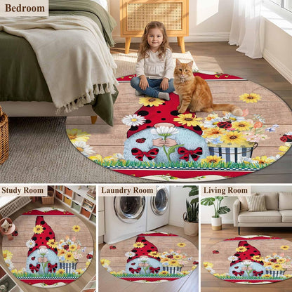 Ladybug Gnome Round Rug 3.3 Ft, Country Summer Rustic White Yellow Daisy Floral Wood Grain Samll Area Rugs Washable Non Slip Indoor Floor Mats Circle Carpet for Living Room Bedroom Dining Room Home