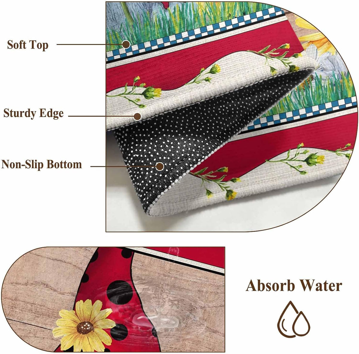Ladybug Gnome Round Rug 3.3 Ft, Country Summer Rustic White Yellow Daisy Floral Wood Grain Samll Area Rugs Washable Non Slip Indoor Floor Mats Circle Carpet for Living Room Bedroom Dining Room Home