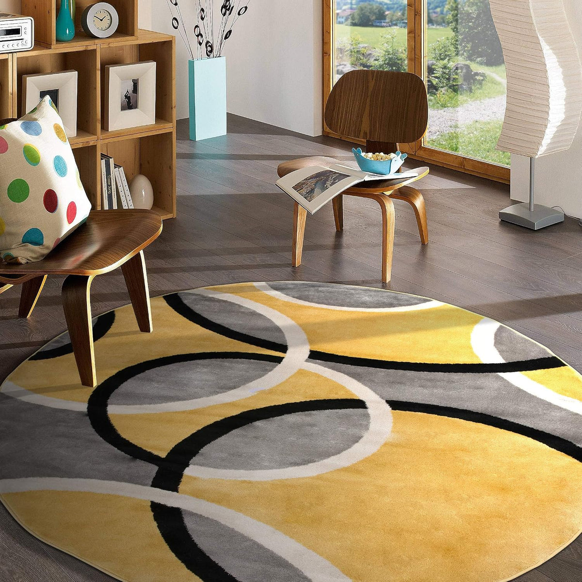 Abstract Circles Contemporary Jute Backing Round Rug Yellow 6'6"