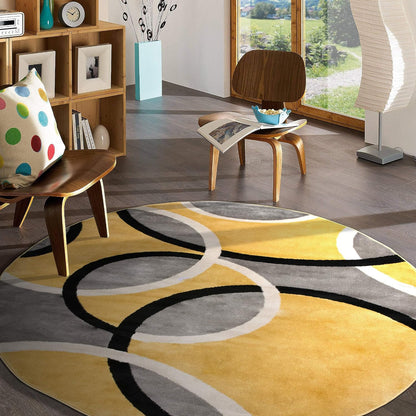 Abstract Circles Contemporary Jute Backing Round Rug Yellow 6'6"