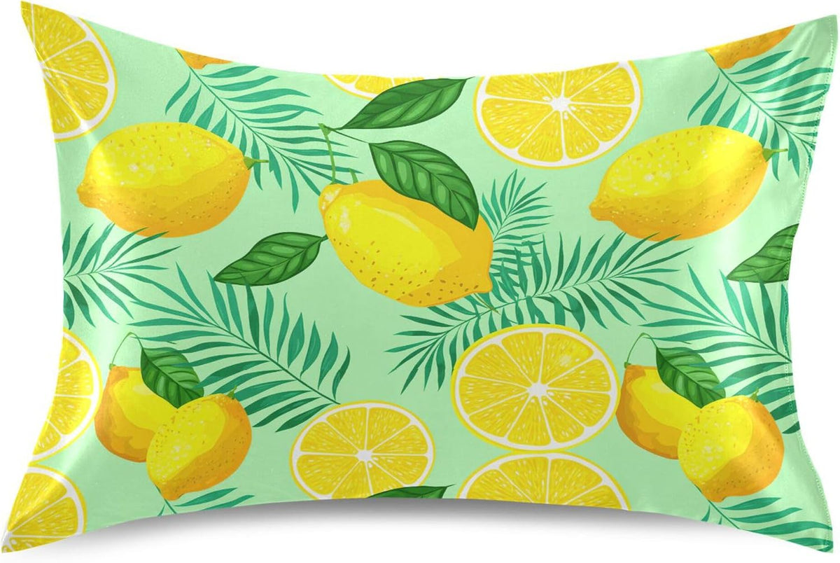 Yellow Lemon and Green Leaves Satin Pillow Cases, Soft Cozy Wrinkle Free Pillow Covers, Machine Washable Pillowcase Covers with Envelope Closure Standard Size 20” x 26”