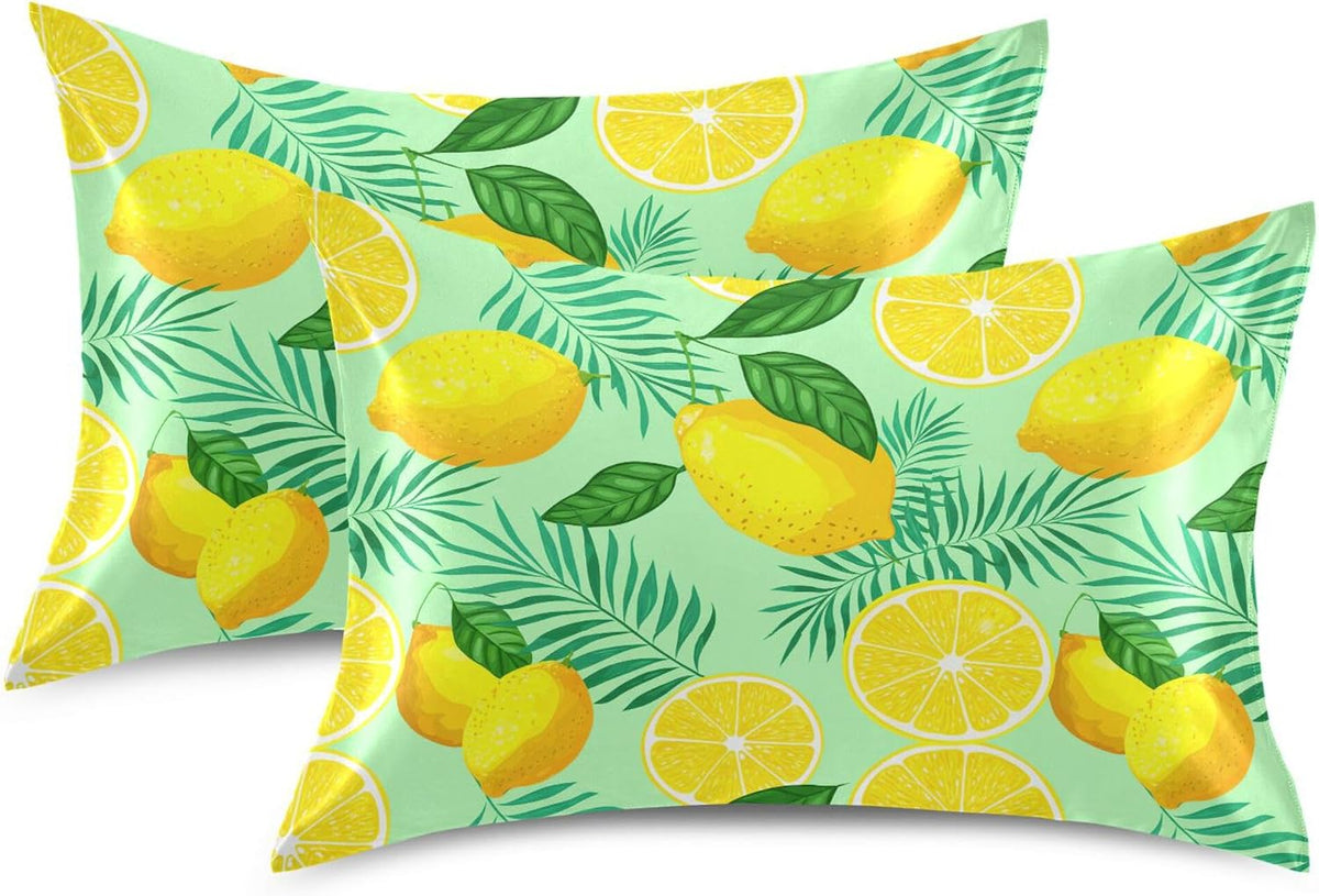 Yellow Lemon and Green Leaves Satin Pillow Cases, Soft Cozy Wrinkle Free Pillow Covers, Machine Washable Pillowcase Covers with Envelope Closure Standard Size 20” x 26”