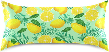Yellow Lemon and Green Leaves Satin Pillow Cases, Soft Cozy Wrinkle Free Pillow Covers, Machine Washable Pillowcase Covers with Envelope Closure Standard Size 20” x 26”