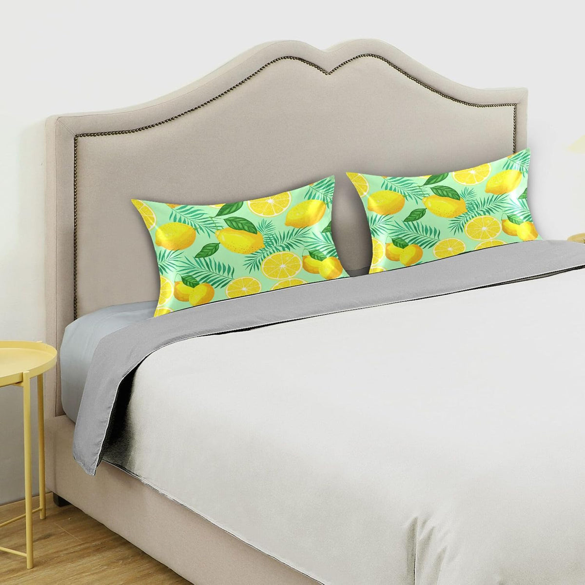 Yellow Lemon and Green Leaves Satin Pillow Cases, Soft Cozy Wrinkle Free Pillow Covers, Machine Washable Pillowcase Covers with Envelope Closure Standard Size 20” x 26”