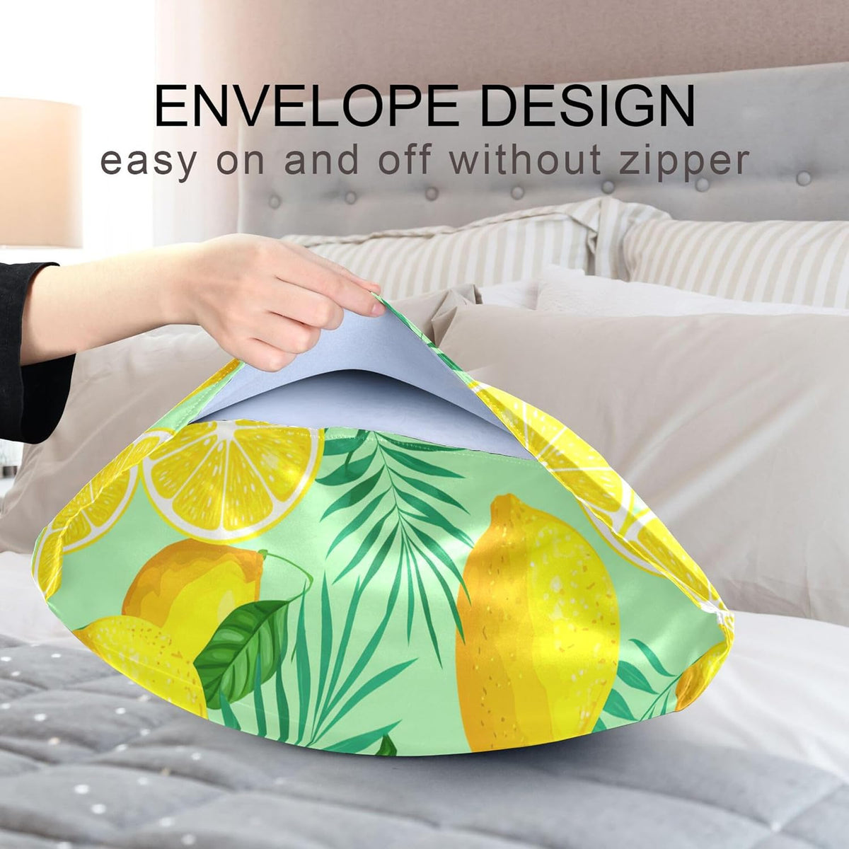 Yellow Lemon and Green Leaves Satin Pillow Cases, Soft Cozy Wrinkle Free Pillow Covers, Machine Washable Pillowcase Covers with Envelope Closure Standard Size 20” x 26”
