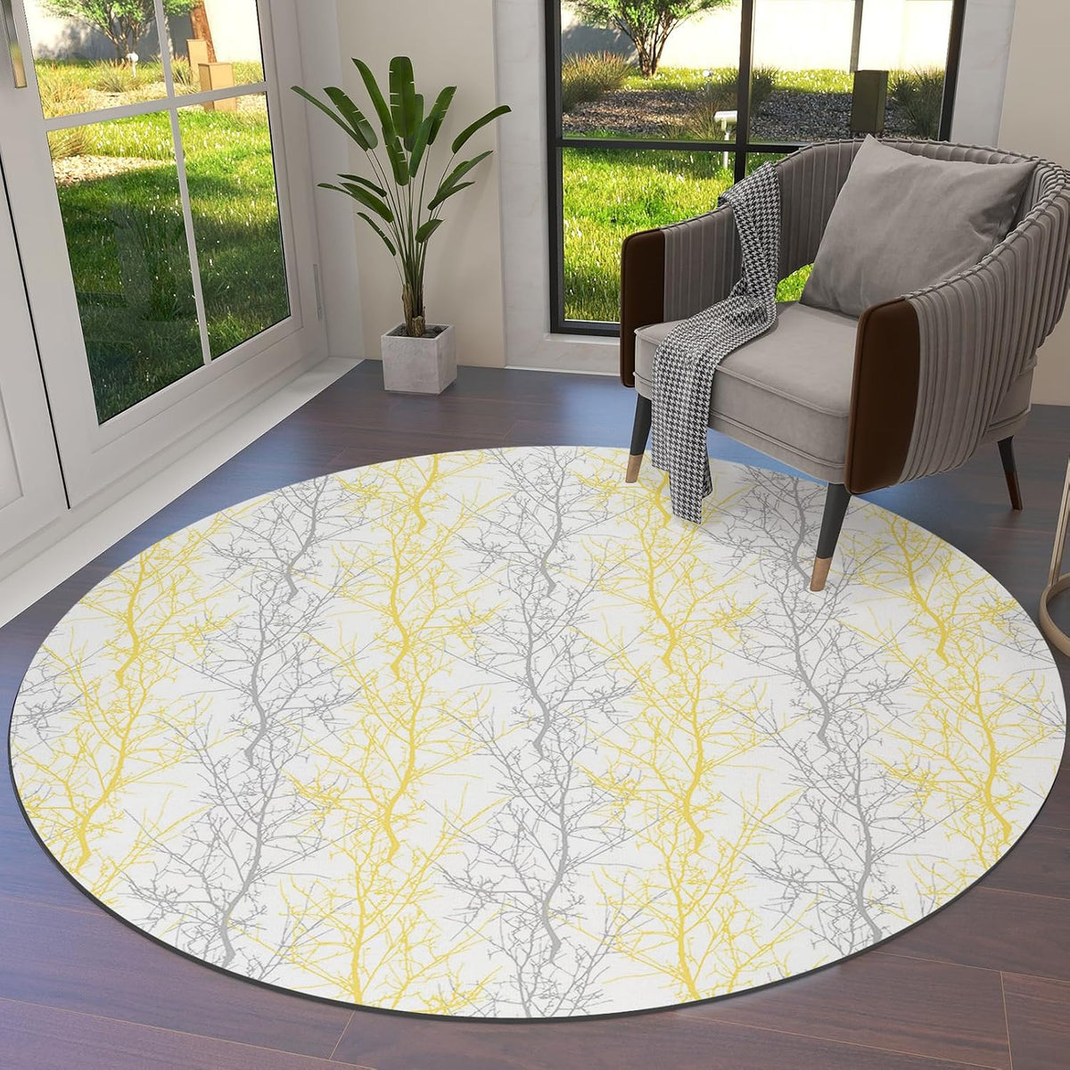 Forest Branch Round Area Rug 4ft,Washable Outdoor Indoor Carpet Runner Rug for Bedroom,Kitchen,Bathroom,Living/Dining/Laundry Room,Office,Area+Rug Large Bath Door Mat Winter Tree Geometric Yellow Grey