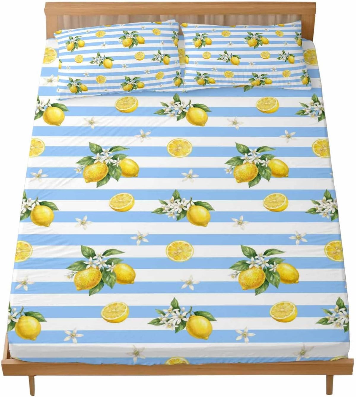 3 Pieces Twin Fitted Sheet Set, Summer Lemon Flower Leaf Deep Pocket Up to 16", Yellow Fruit Blue White Stripe Soft Elastic Bed Sheets and Pillow Cases Secure Fit